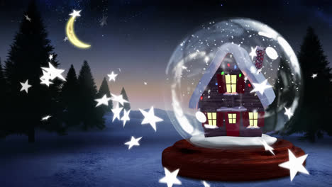 animación de nieve cayendo y globo de nieve de navidad sobre el paisaje de invierno