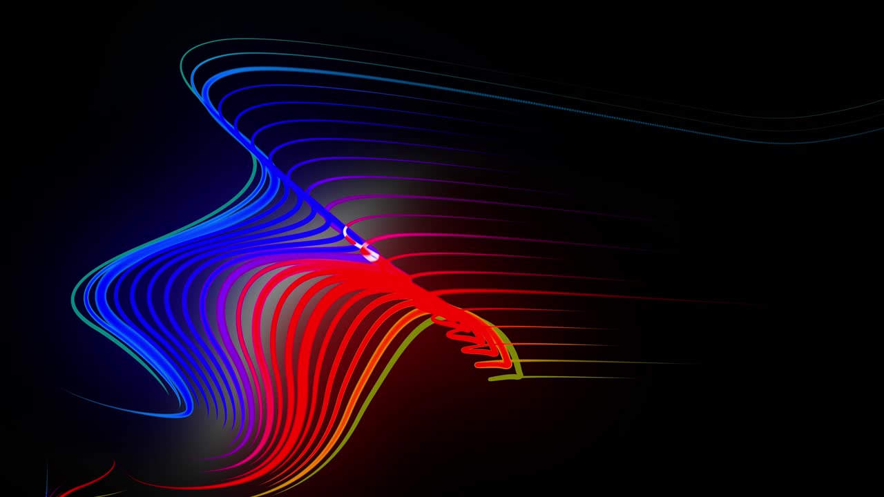 multi-colored neon lines of ribbon fly in the air, smoothly oscillation and wave. Lines color changes cyclically form running lights. 3d abstract looped 4k background, luma matte as alpha channel
