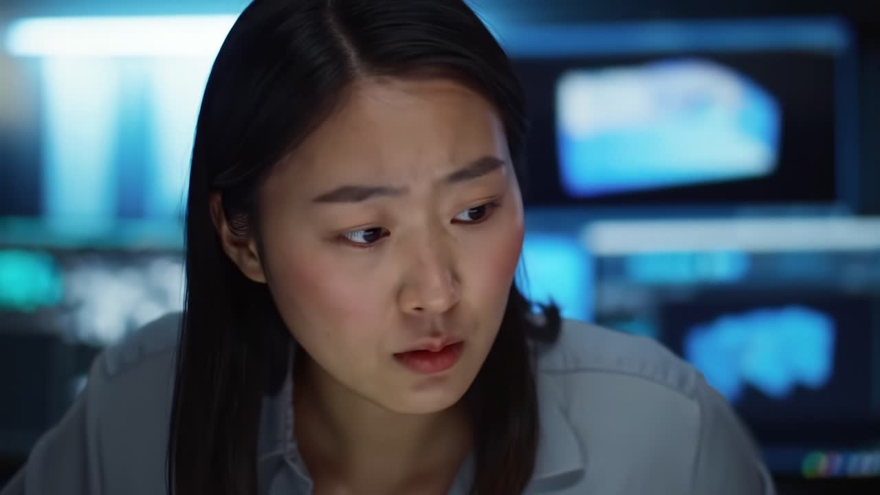 Intense Focus and Concentration: A Close-Up of a Woman Analyzing Detailed Information in a High-Tech Environment with Screens in the Background