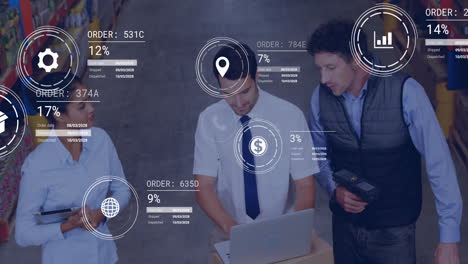 Animación-De-Iconos-De-Negocios-Y-Procesamiento-De-Datos-Sobre-Diversos-Colegas-Que-Discuten-El-Trabajo-En-El-Almacén