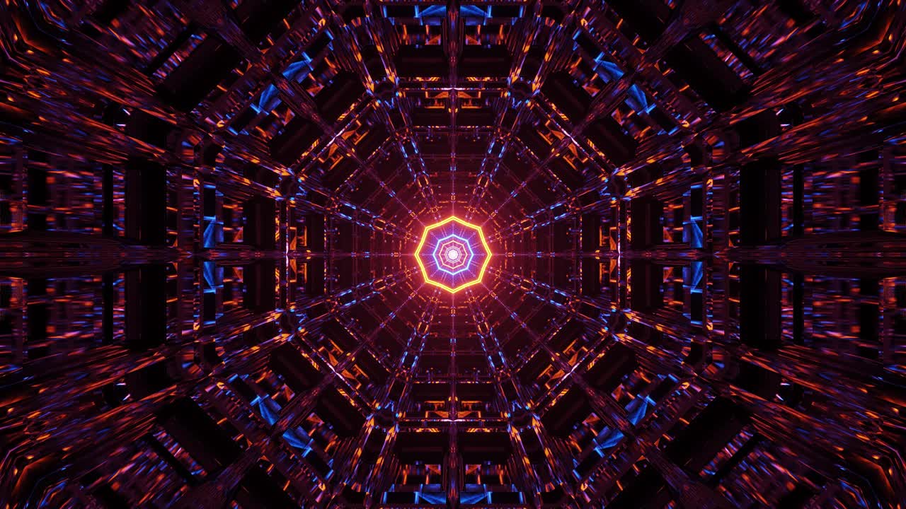 vuelo a través de un entorno de efecto calidoscopio 3d futurista con círculos y patrones de luz de neón brillante