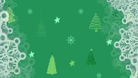 Animation-of-christmas-snowflakes-and-trees-decorations-on-green-background