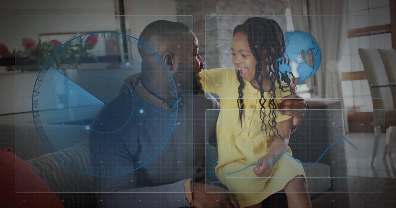 Dad girl sitting sofa with globe leaning laughing leading dad placing HUD animating edtech bonding