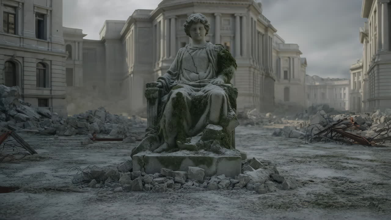 Damaged Statue in a Post-Apocalyptic City