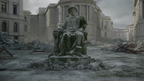 damaged statue in a post-apocalyptic city