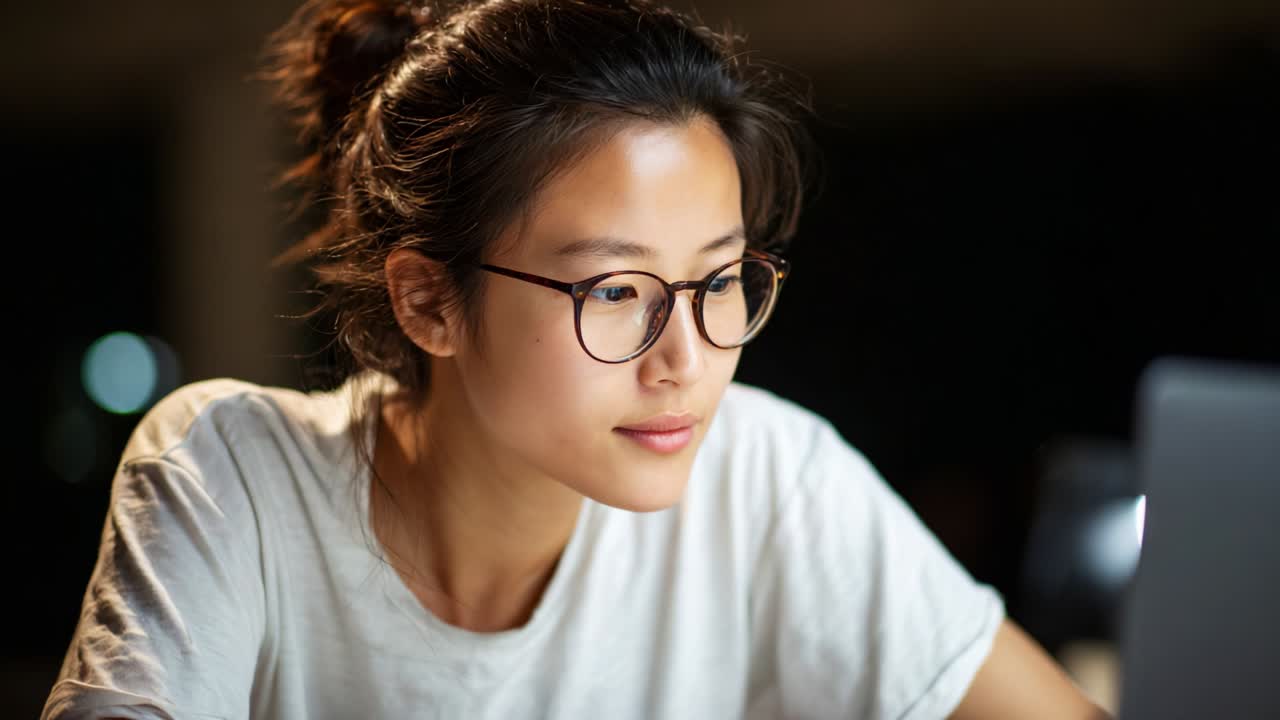 ノートパソコンに向かい、薄暗い照明と穏やかな雰囲気の中で、集中して仕事に没頭する若い女性。現代の働き方や学習方法を反映しています。