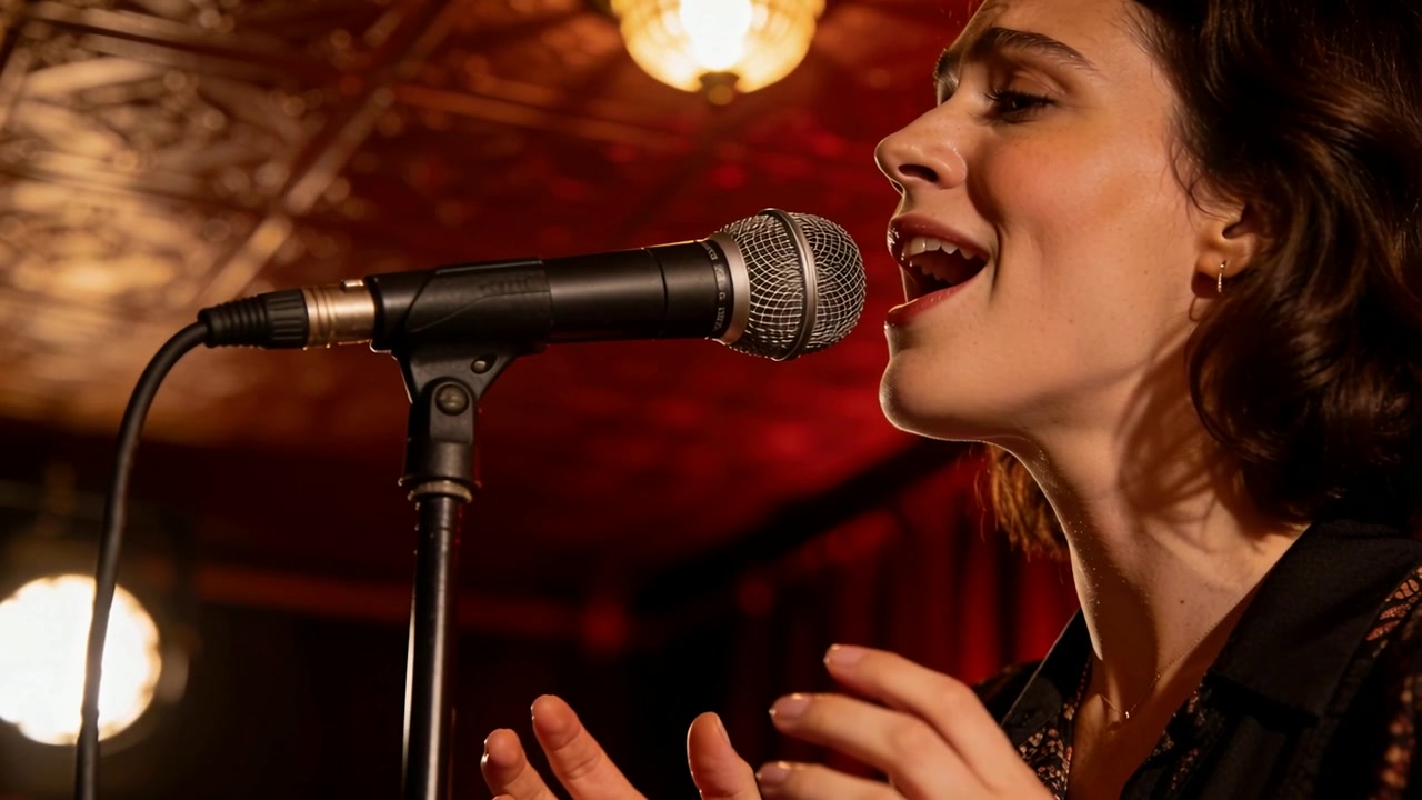 Cantante donna che canta, che risponde al riflettore, chinandosi verso il microfono in un lounge, modulando una nota
