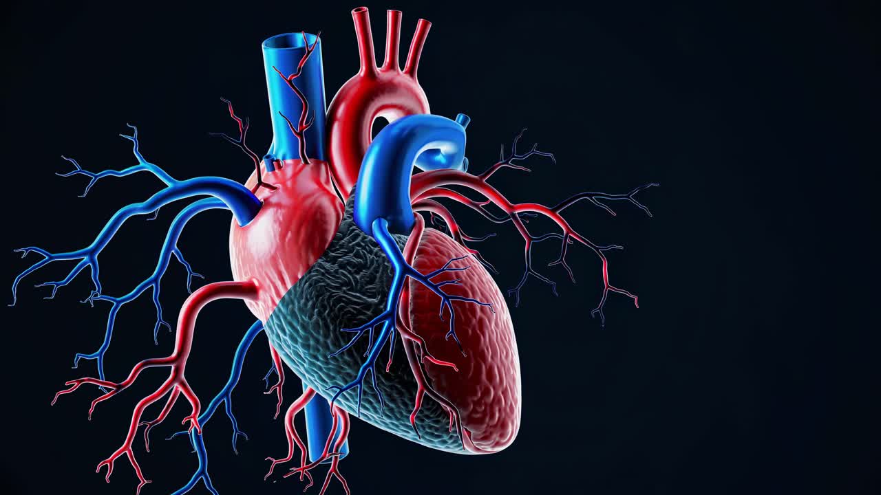Rendering in 3D di un cuore umano con arterie e vene. Il cuore è mostrato in rosso e blu.