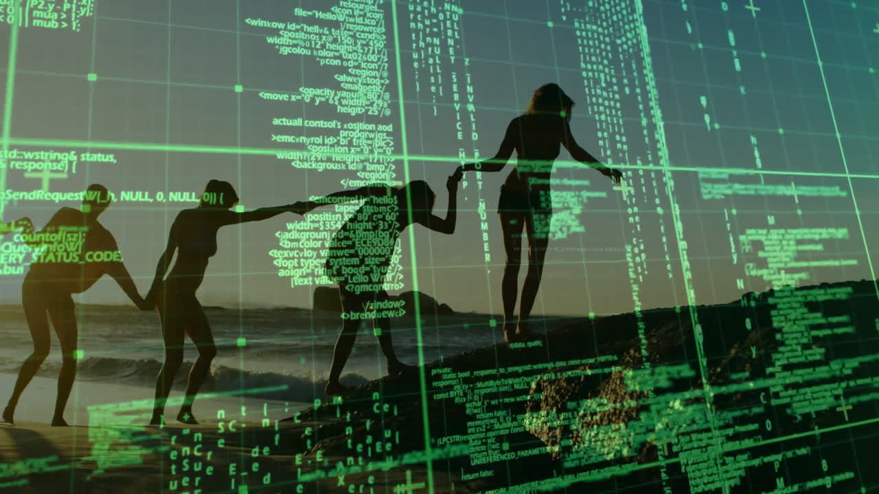 Animation of silhouetted people on rocks with digital code overlay in background