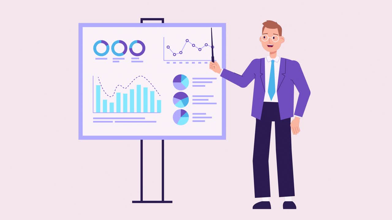 male character animation. speaker pointing at presentation on board with graphs chart during business seminar. Office worker showing report with pointer. flip chart, mouth narration