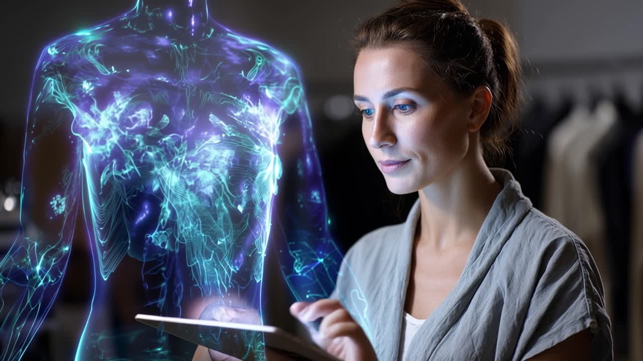 Una donna tiene un tablet, osservando una forma umana olografica luminosa. Luce viola-blu pulsa, mostrando il flusso di energia interno. Il suo sguardo concentrato suggerisce un profondo coinvolgimento con i dati virtuali.
