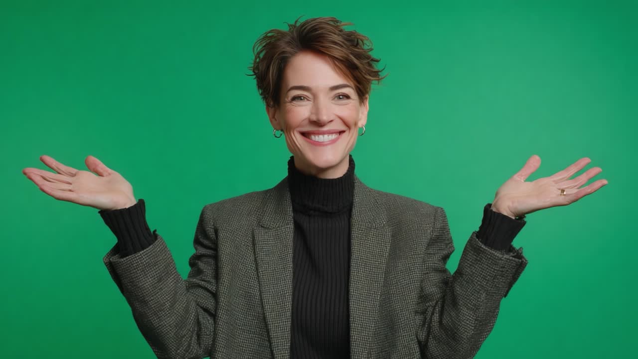 A Radiant Smile: Captivating Woman in a Green Background Expresses Joy and Enthusiasm with Open Arms, Showcasing a Dynamic Personality and Positive Energy