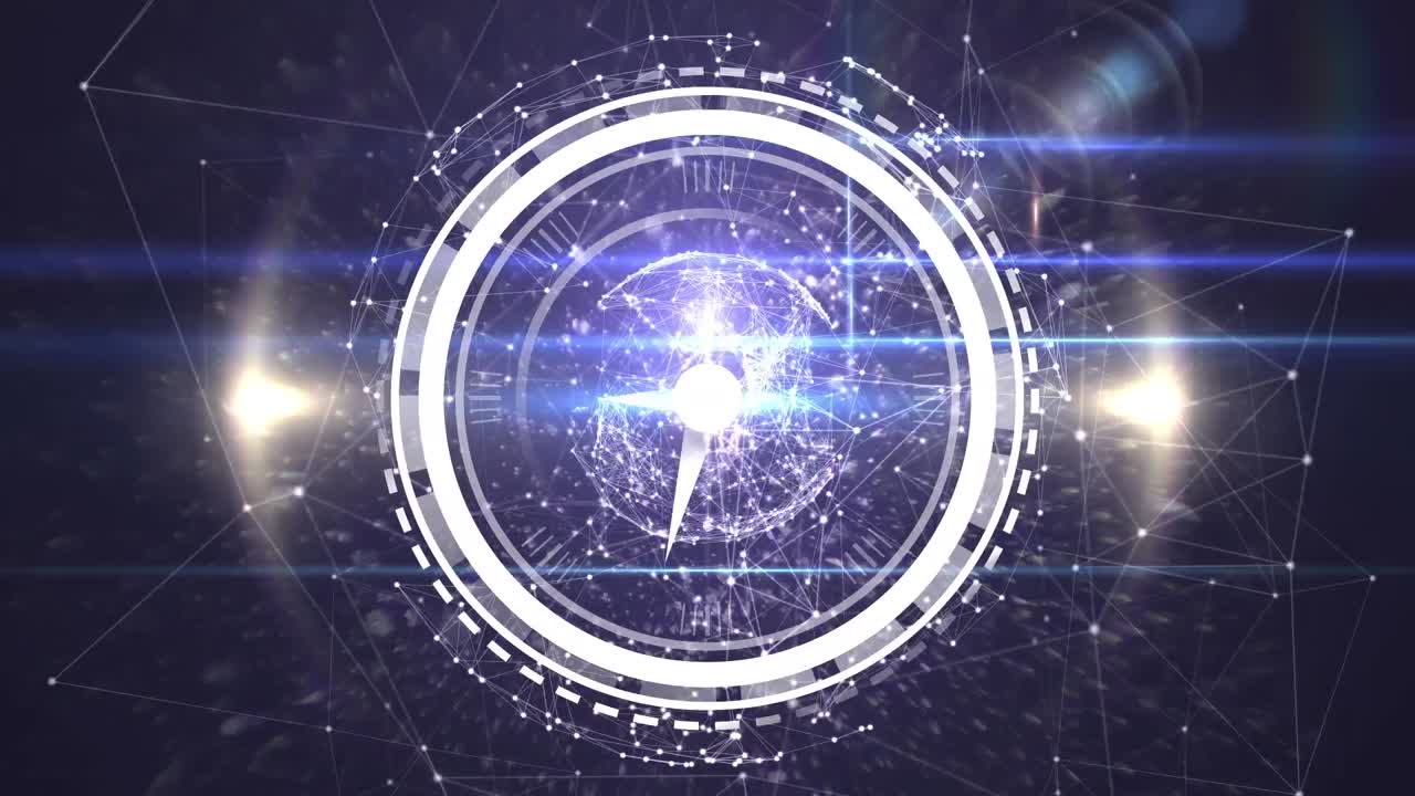 검은색 배경에 연결 네트워크를 통해 이동하는 시계의 애니메이션