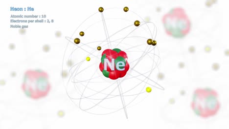 atom of neon with 10 electrons in infinite orbital rotation on white with atoms