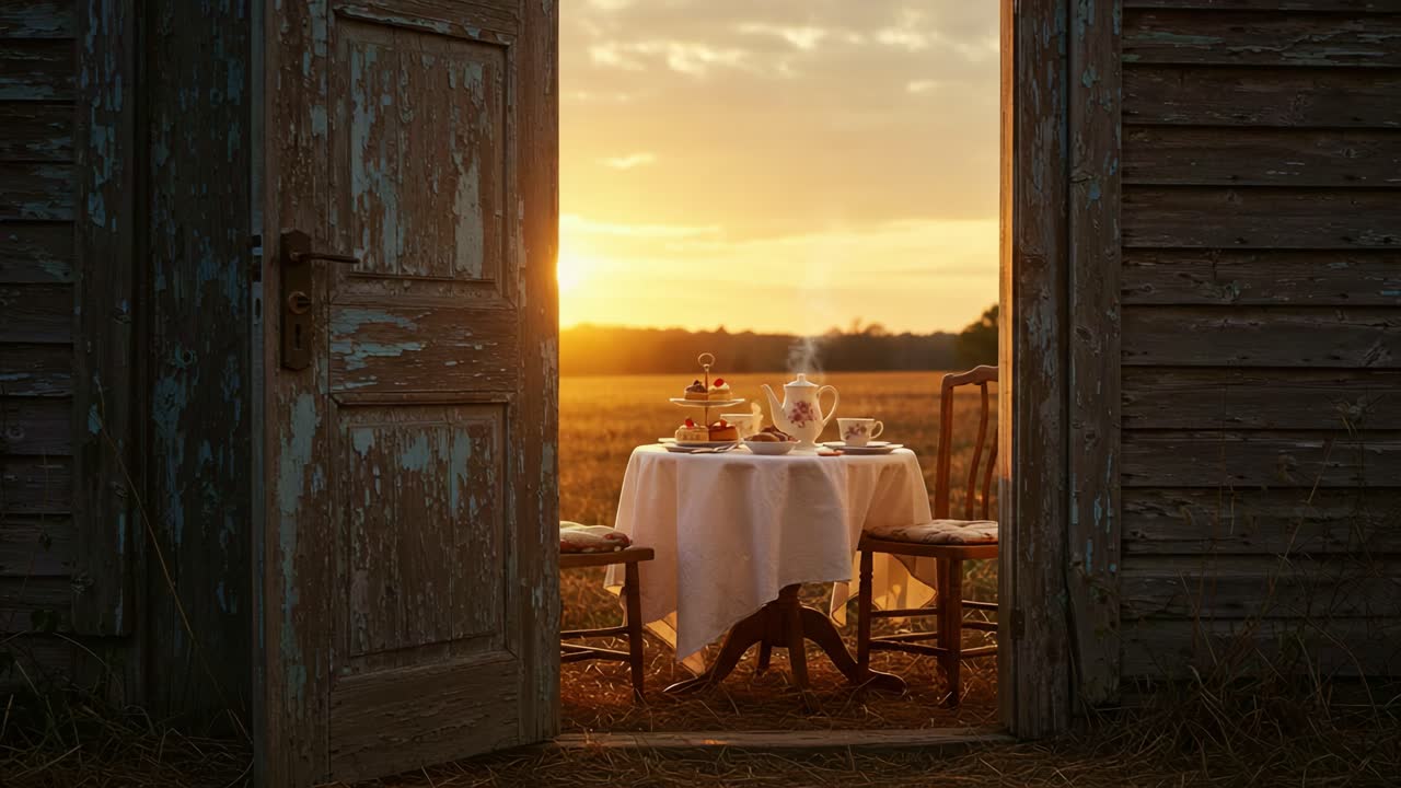 A Serene Sunset Tea Setting: Enjoying Moments at a Rustic Table Amidst Nature's Golden Glow