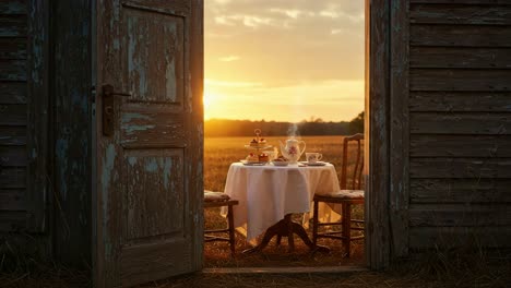 a serene sunset tea setting: enjoying moments at a rustic table amidst nature's golden glow