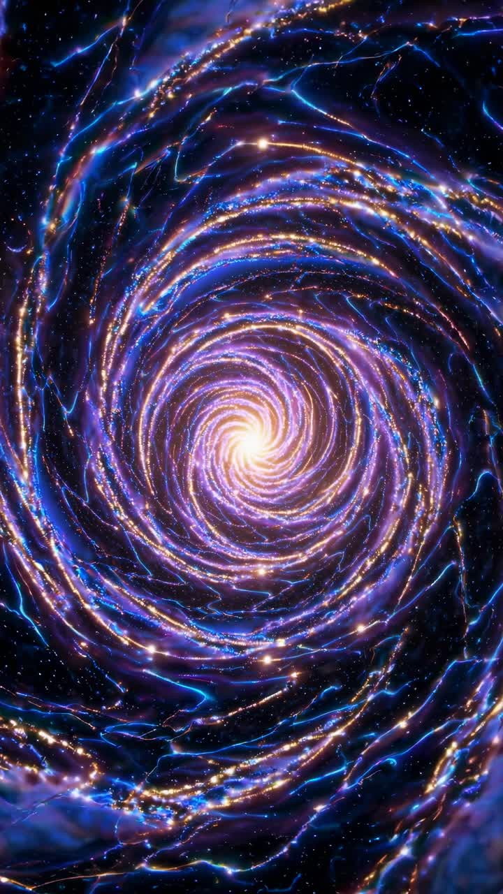A mesmerizing spiral galaxy with vibrant blue and purple hues, captured from a top-down angle