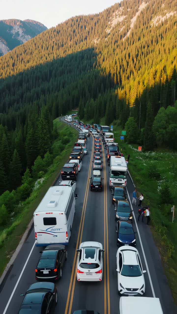 Overhead View of a Long Traffic Jam on a Scenic Mountain Road Through a Forest