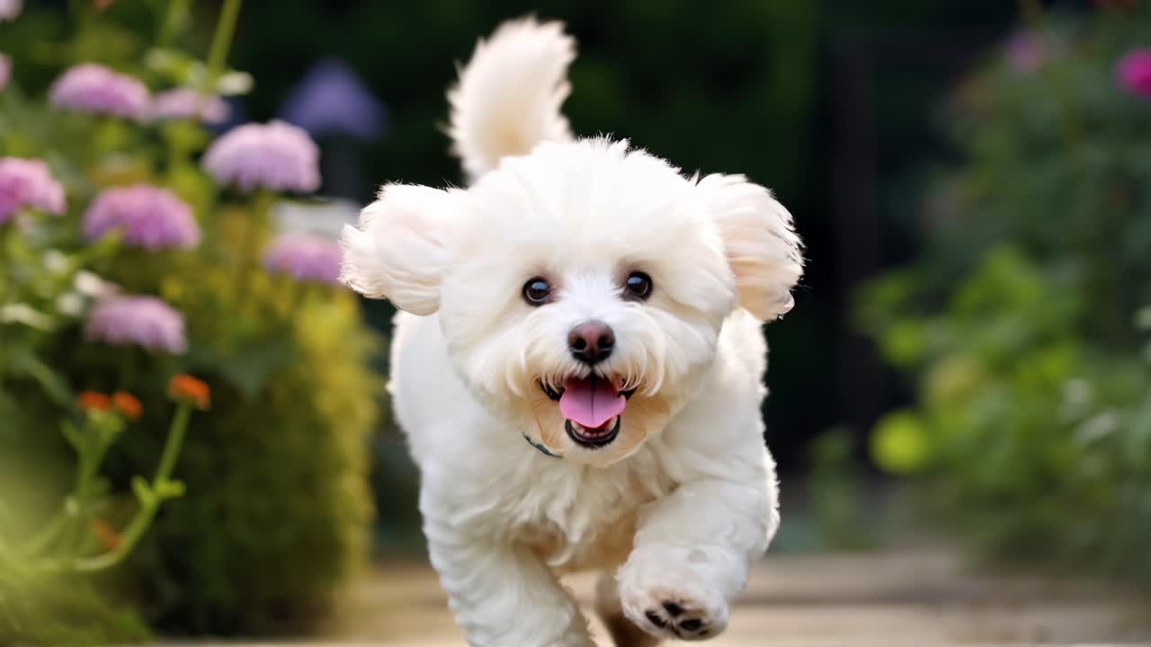 A joyful white puppy runs towards the camera in a garden setting. Captured at eye level, this scene
