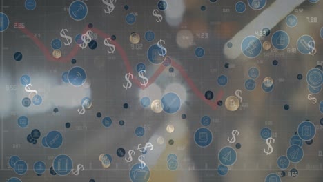 animación de los símbolos del dólar estadounidense sobre el procesamiento de datos financieros
