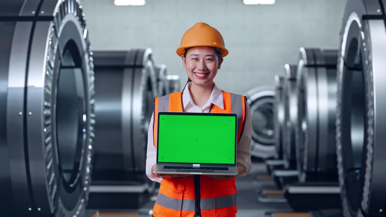 안전 헬을 입은 아시아 여성 엔지니어가 미소 짓고 녹색 화면 노트북을 금속 공장에서 카메라에 보여주고 있습니다.