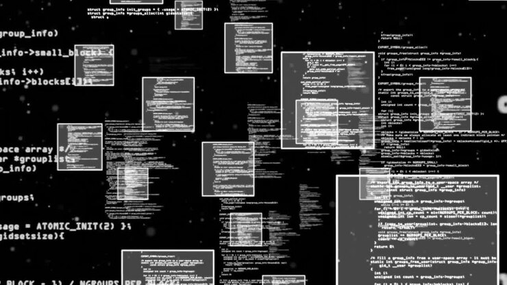 Animation of computer data processing over black background