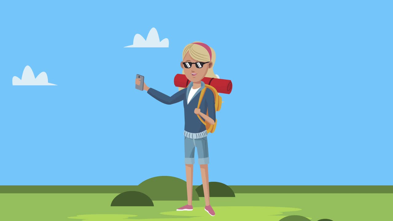 personaje turístico femenino con animación de teléfono inteligente