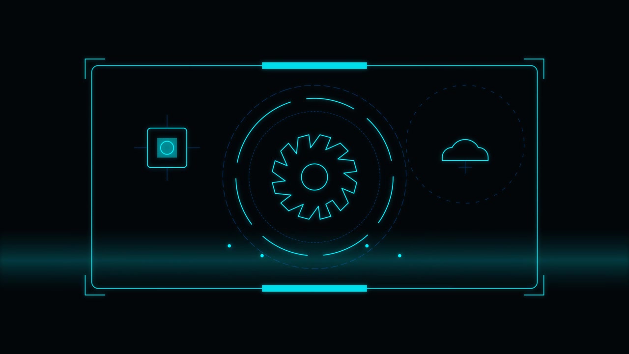 Digital HUD Interface with Rotating Gear and Cloud Icon