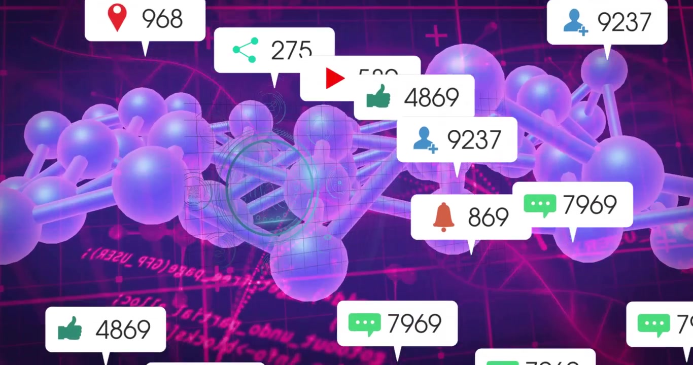 On launch rotating 3D lattice expanding as notification bubbles swelling to show social surge