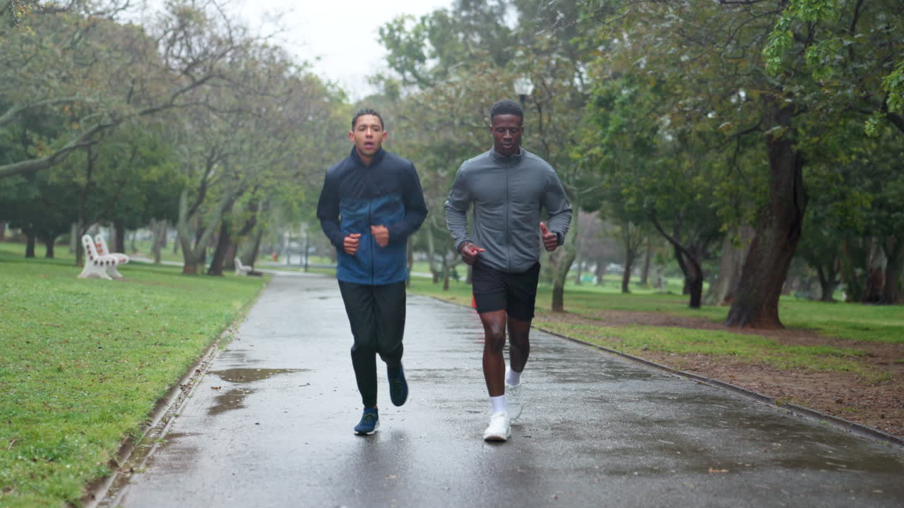 Two Men Jogging in a Park on a Rainy Day