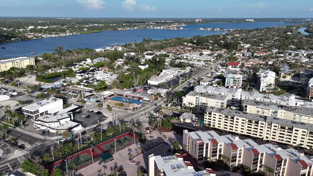 aerial panorama near Stickney Point Bridge, south Siesta Key aerial view, beaches, restaurants, bay and draw bridge near boating elevators