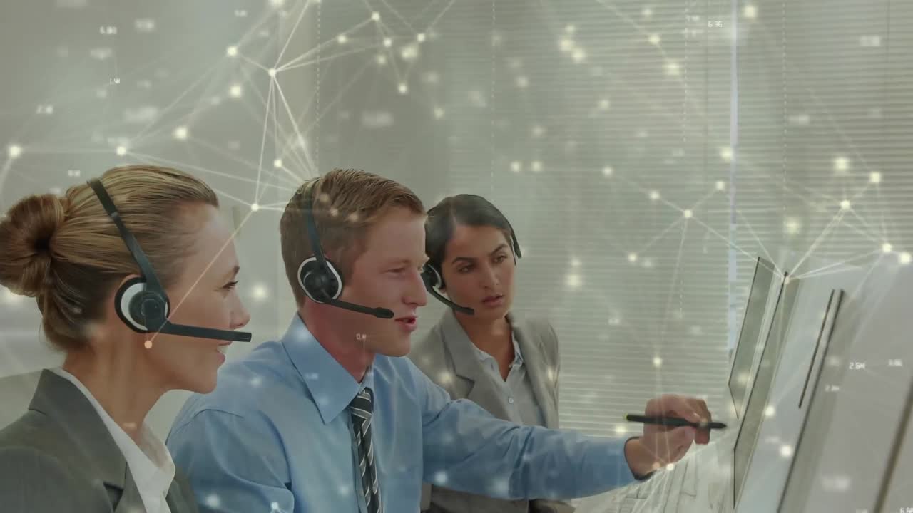 전화 헤드 ⁇ 을 사용하는 비즈니스 사람들을 통해 연결 네트워크의 애니메이션