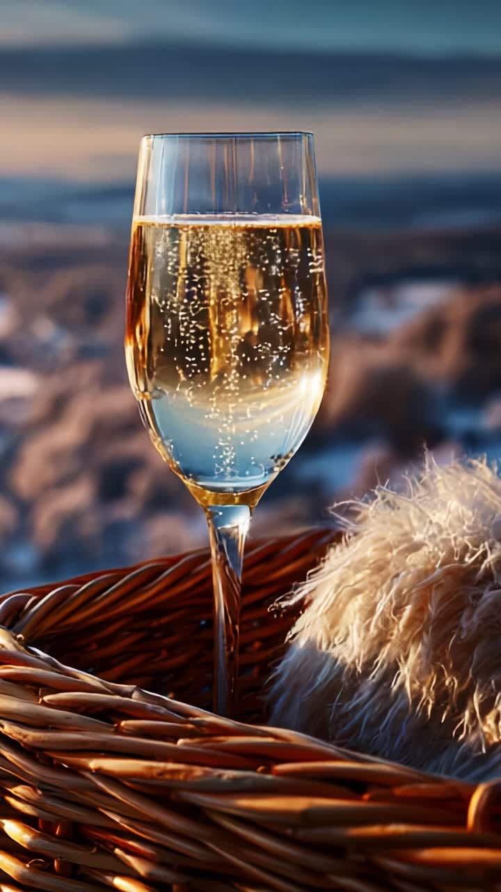 Un calice scintillante di champagne delicatamente posizionato in un cesto di vimini, con vista su un paesaggio sereno e pittoresco al crepuscolo, che promette una festa imminente