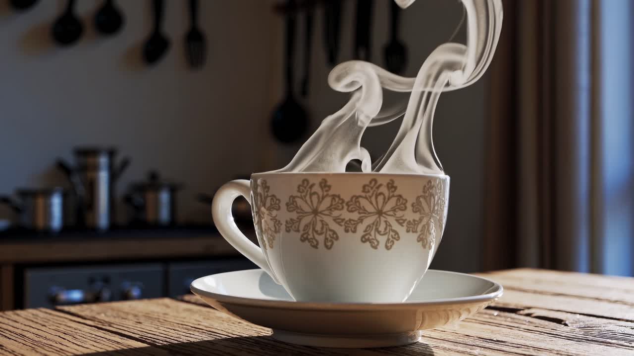 Un video in primo piano di una tazza di caffè fumante su un tavolo di legno, con uno sfondo di cucina accogliente.