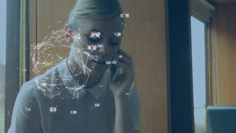animation of globe with network of numbers over caucasian woman using smartphone