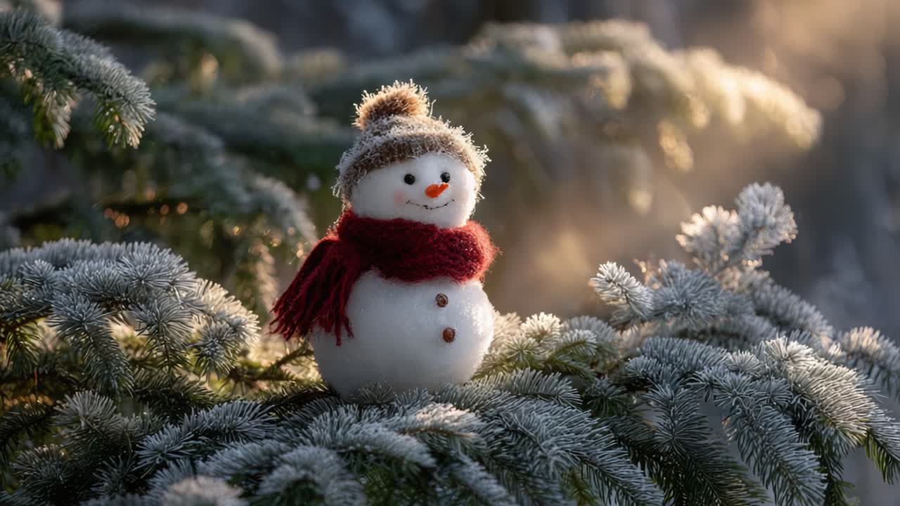 Charming Frosty Snowman Dressed in a Cozy Hat and Scarf, Standing Amidst Sparkling Snowy Pine Branches in a Winter Wonderland Setting