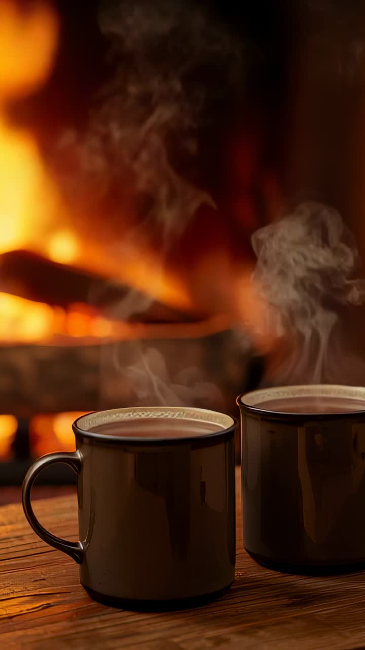 Vertical video: Lighting hearth logs heating enamel mugs releasing steam on wooden cabin table