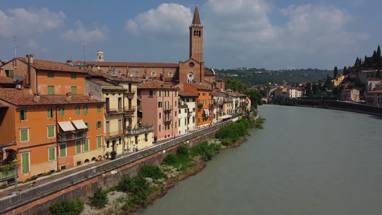 Aerial view of typical Italian Street (Lungadige Tullio Donatelli Street) by Adige River with Church in Verona, Italy