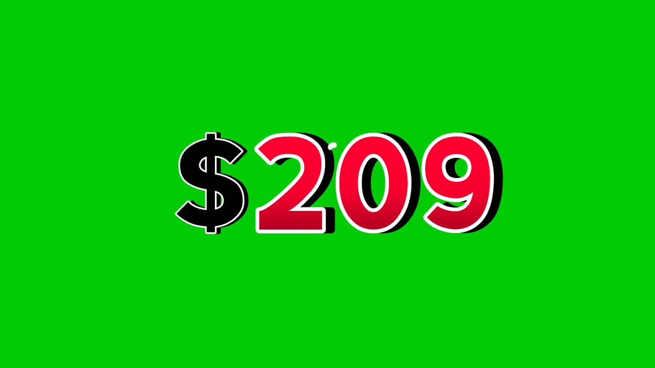 Animation number $209 dollar sign motion graphics with smoke effect green screen background vibrant red numbers. Video 3D effect with shadows for video elements business concept