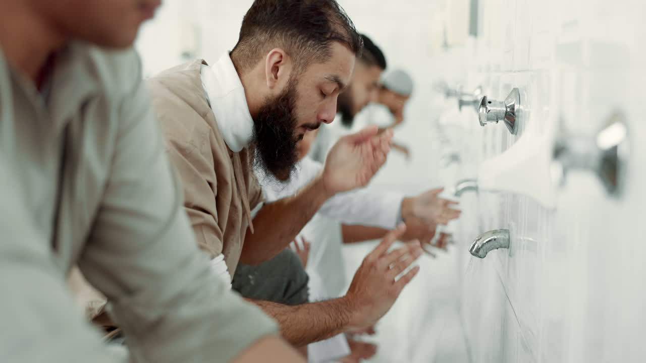 Muslim, religion ritual and men washing before