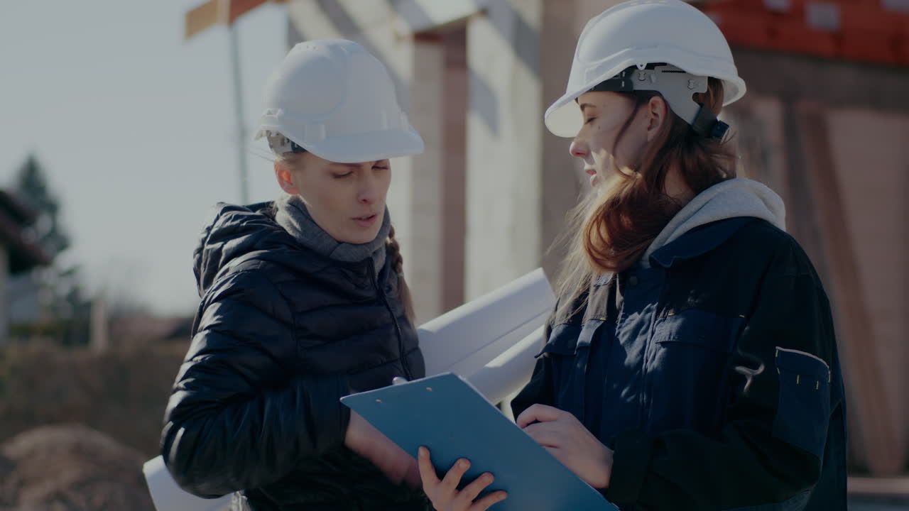 Young female building contractor holding blueprint discussing over clipboard with confident engineer standing at construction site