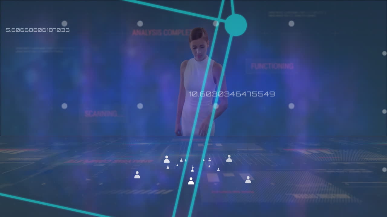 Interacting with animation, woman exploring digital network and data visualization