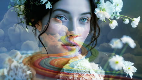 ethereal woman portrait with cloud and rainbow overlay