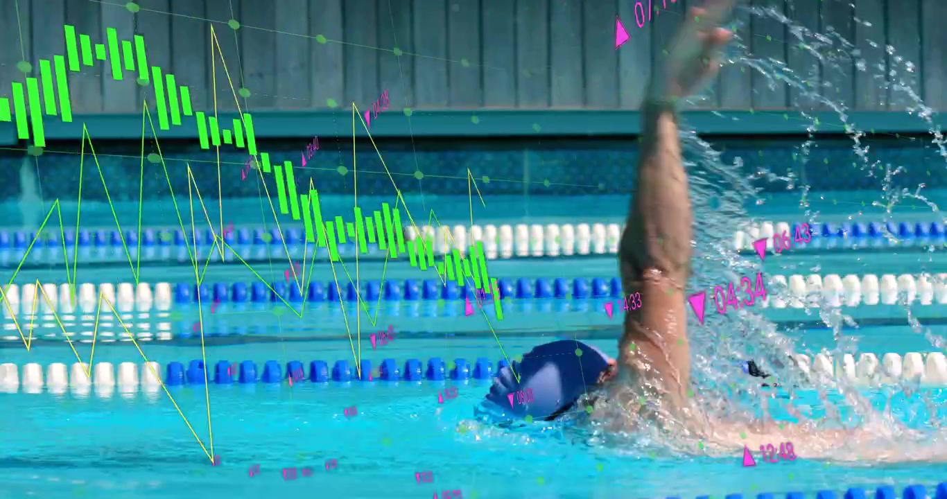 Male swimmer initiating backstroke while overlays measuring stroke metrics for sports analysis