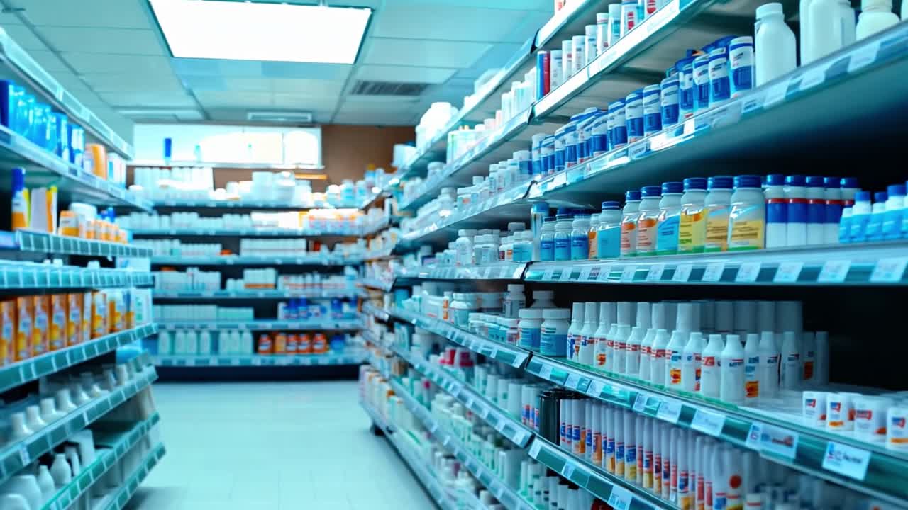 Drugstore shelves filled with medicine and healthcare products