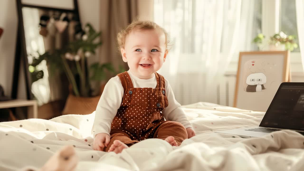 Glad smårolling med krøllete hår sitter på en myk seng, omgitt av koselige tepper og varmt sollys, og uttrykker glede og uskyldighet i en fredfull atmosfære