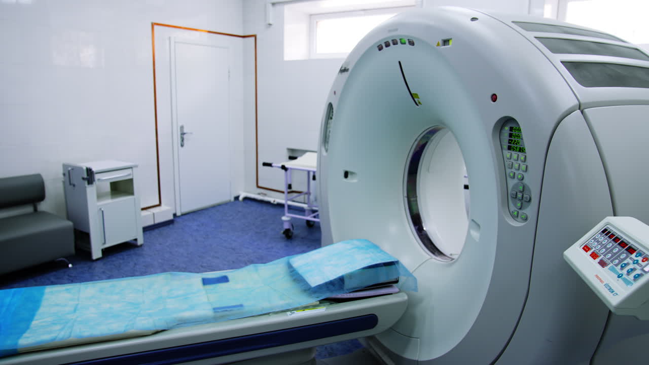 Toshiba equipment for computerized axial tomography scan. Circle footage around the modern magnetic resonance imaging machine.