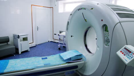 toshiba equipment for computerized axial tomography scan. circle footage around the modern magnetic resonance imaging machine.