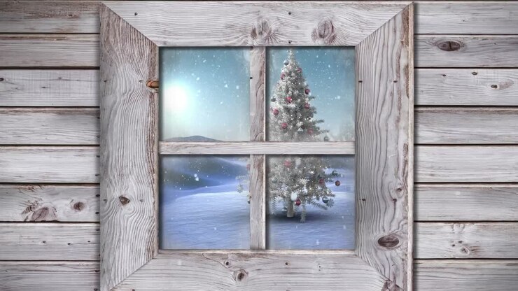 Wooden window frame against snow falling over christmas tree on winter landscape