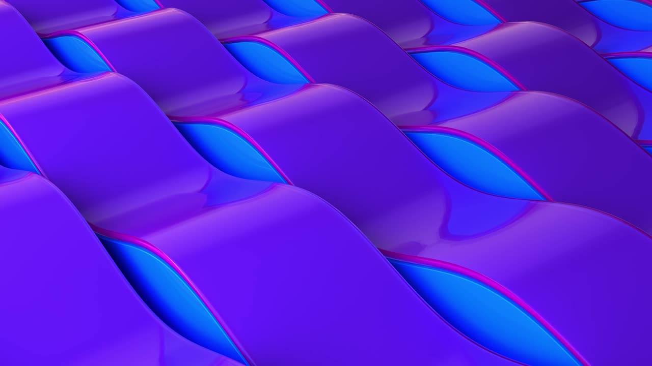 4K Abstract 3d animation Waves Background. Wallpaper wavy stripes pattern. Blue and purple violet trendy. Style with gradient curved